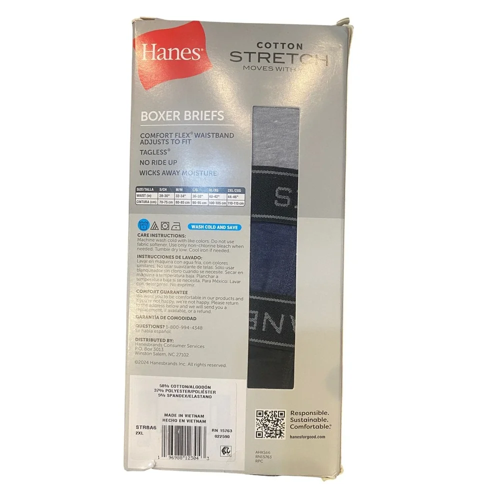 Hanes Mens 6 Pack Cotton Stretch Boxer Briefs 2XL Blue Black Comfort Flex STRBA6